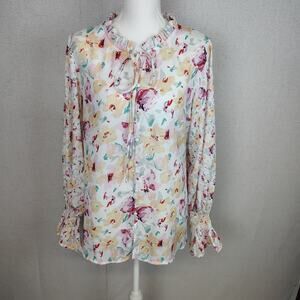 C+D+M Collection Floral Blouse Large Ruffle Tie Neck Bell Sleeve Cottagecore